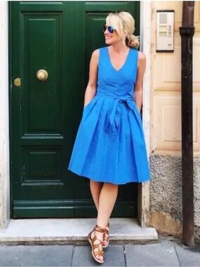 J-Crew Sleeveless V-Neck Blue Tie-Waist A-Line Dress